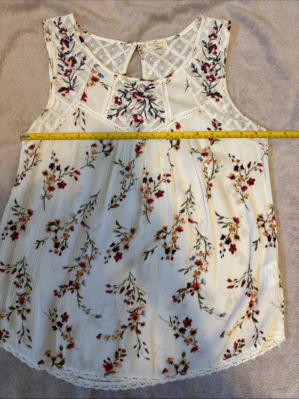 Mason & Belle Floral Lace Yoke Sleeveless Tank Top - White - Size M - Picture 7 of 8